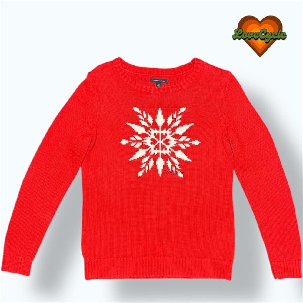 Women’s Tommy Hilfiger Red Snowflake Knit Holiday Cotton Crew Sweater – Size M